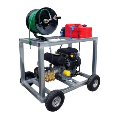 Petrol drain and sewer jetting machine on a wheeled frame