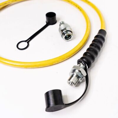 Close up of male high pressure coupler with dust cap connected to a two meter long 17,000 psi rated Jacking hose fitted with a hose bend restrictor. 