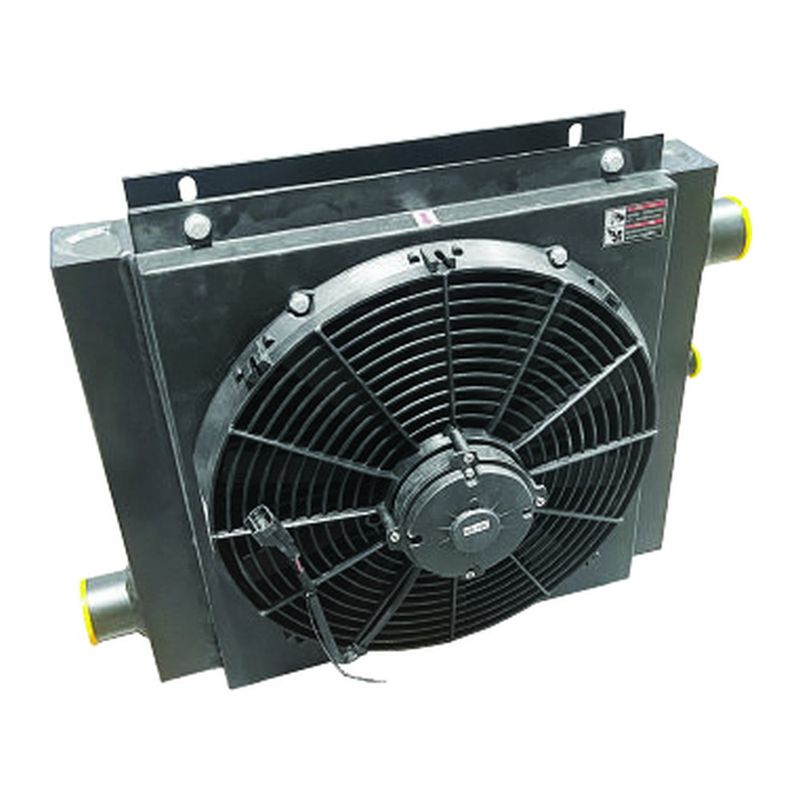 OAC Series Air Blast Hydraulic Oil Cooler - 80 to 300 Litres per Minute, 3/4 inch to 1 1/4 inch BSPP, 12V 24V 220V and 415V OAC Series air blast hydraulic oil cooler with bar and plate aluminium core and bolt-on electric fan