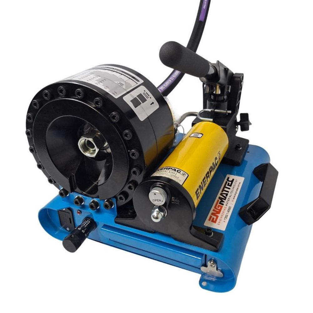ENGMATTEC P16HP Hand Operated Portable Hydraulic Hose Press with ENERPAC two Stage pump Crimps from 10 to 45 mm.