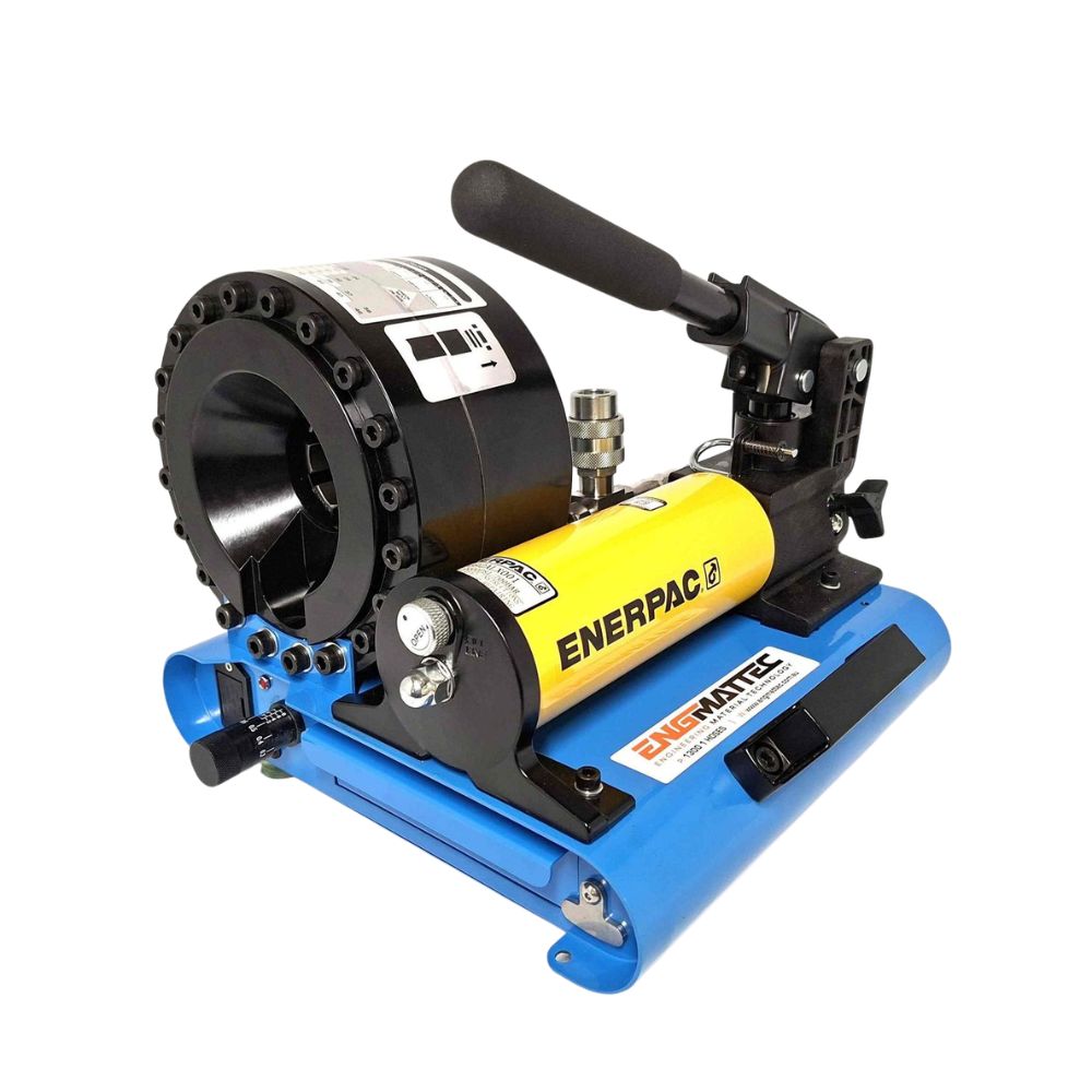 Portable Hydraulic Hose Crimper 10 to 45 mm with 2 Stage Enerpac and optional Air Operated 10,000 psi pump Portable Hydraulic Hose Crimper 10 to 45 mm with 2 Stage Enerpac and optional Air Operated 10,000 psi pump, Pump Option: Crimper with Enerpac P329 hand Pump.