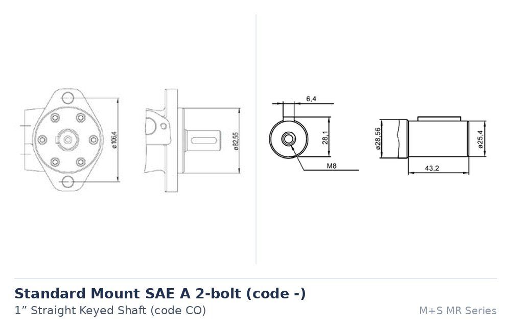 M+S MR High Torque Geroler Hydraulic Motor 50 to 400cc - Replaces Danfoss OMR, Bosch MGR, Brevini BRE, White WR, Zhenjiang BMR, Motor Size / Displacement (CC's): 50 CC, Mount: SAE A 2-Bolt - 82.5mm Spigot - Standard (code -), Output Shaft: 1 inch Straight Keyed - Standard (code CO), Shaft Seal and Pressure Rating: 150 Bar - Standard (code D), Needle Bearings for Higher Radial Shaft Load: Not required, Port Position: Side Ports 1/2 inch BSPP - Standard