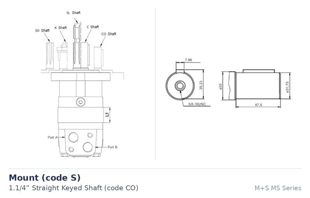 M+S MS and MSY Series Disc Valve Hydraulic Motor 80cc to 565cc, Motor Size / Displacement (CC's): 80.5 cc/rev - 240 Nm - MS 80 COU, Mount: Short motor 100mm spigot (code S), Output Shaft: 1.1/4 inch straight keyed (code CO)