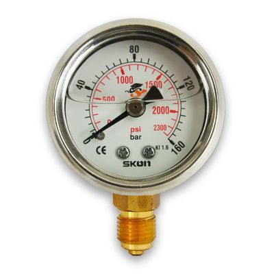 SKON Pressure Gauge 40mm (1.5") Bottom Entry - Vacuum to 315 bar (4,570 psi) - Glycerine Filled