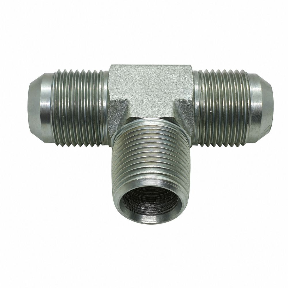 JIC Male x NPT Tapered Male Branch Tee, Size: Tee Piece - (07) 7/16" JIC Male x (07) 7/16" JIC Male x (02) 1/8" NPT Tapered Male - Straight