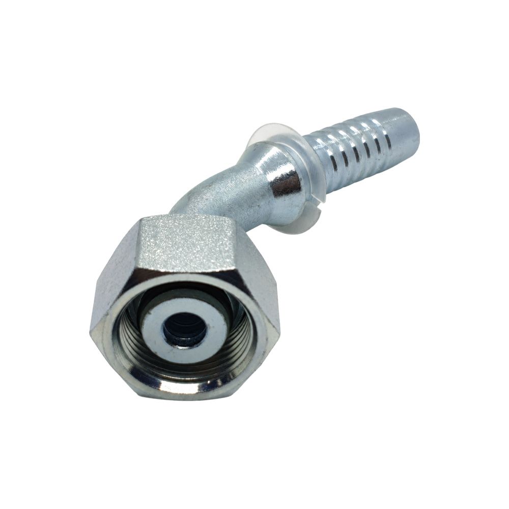 Hose Tail - Metric Heavy DKOS Swivel Female - 45° Elbow - Two-Piece Crimp-On