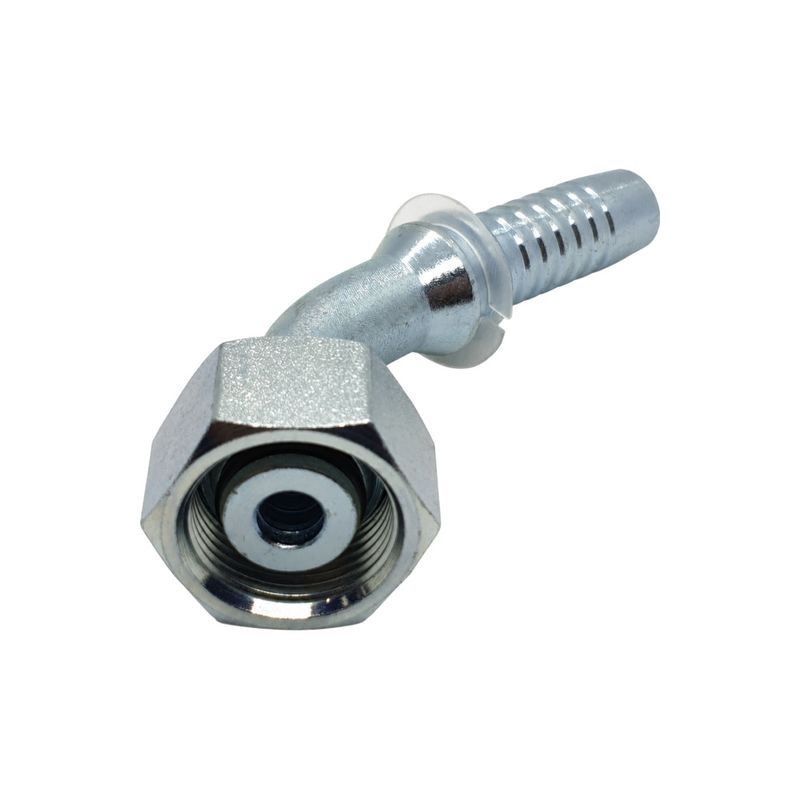 Hose Tail - Metric Heavy DKOS Swivel Female - 45° Elbow - Two-Piece Crimp-On Hose Tail - Metric Heavy DKOS Swivel Female - 45° Elbow - Two-Piece Crimp-On
