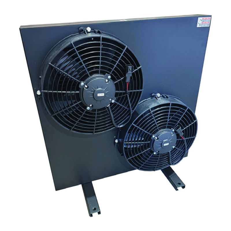 OACD Series Twin Fan Air Blast Hydraulic Oil Cooler - 150 and 200 Litres per Minute, 1 inch and 1 1/4 inch BSPP, 24V DC OACD twin fan air blast hydraulic oil cooler with two 24V DC fans on one aluminium core