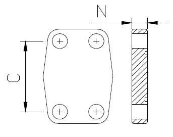 Dimension drawing: letters match the table columns