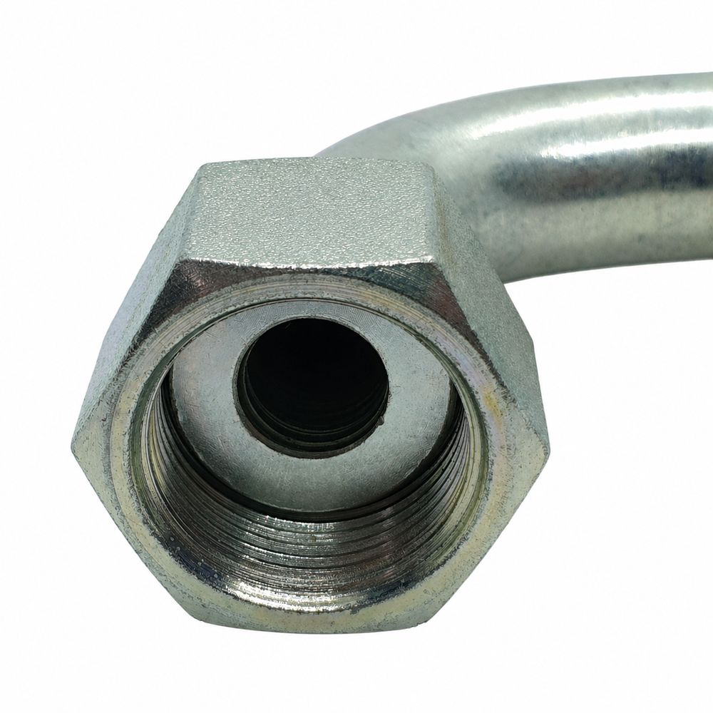 Hose Tail - Metric Cone Swivel Female - 90° Swept - Two-Piece Crimp-On