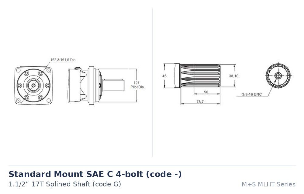 M+S MLHT Series Disc Valve Hydraulic Motor 160cc to 725cc, Motor Size / Displacement (CC's): 161.1 cc/rev - 470 Nm - MLHT 160 C4U, Mount: SAE C 4-bolt 127mm Spigot (code -), Output Shaft: 1.1/2 inch 17T spline (code G)