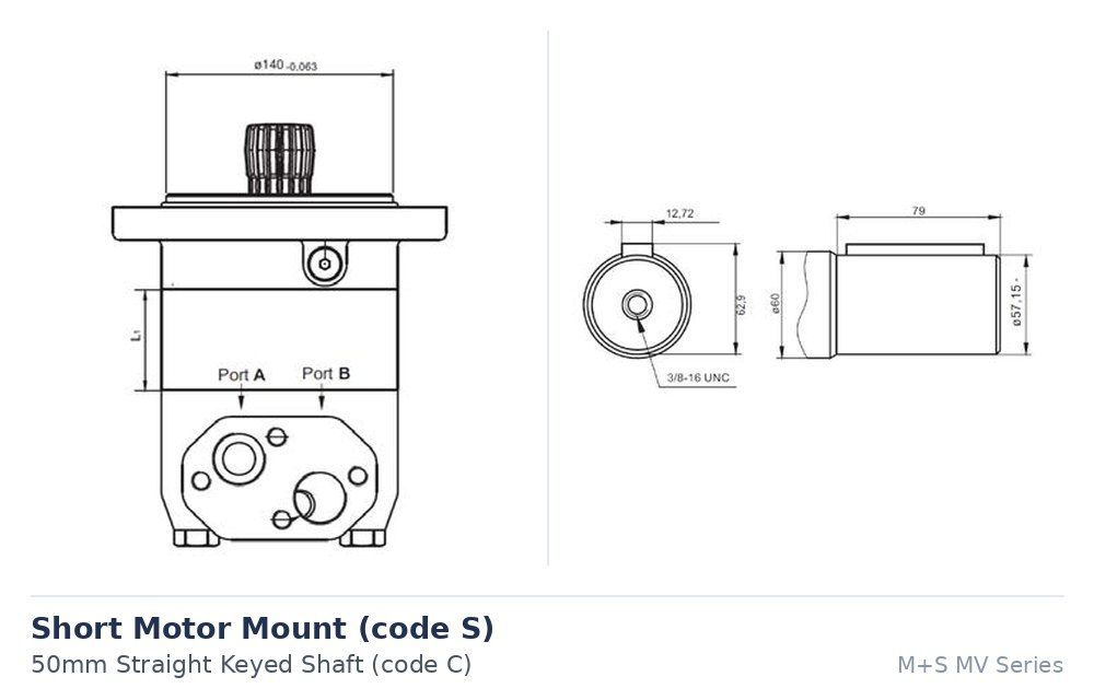 M+S MV Series Disc Valve Hydraulic Motor 315cc to 800cc, Motor Size / Displacement (CC's): 314.5 cc/rev - 920 Nm - MV 315 CU HD, Mount: Short Motor 140mm spigot (code S), Output Shaft: 50mm straight keyed (code C)