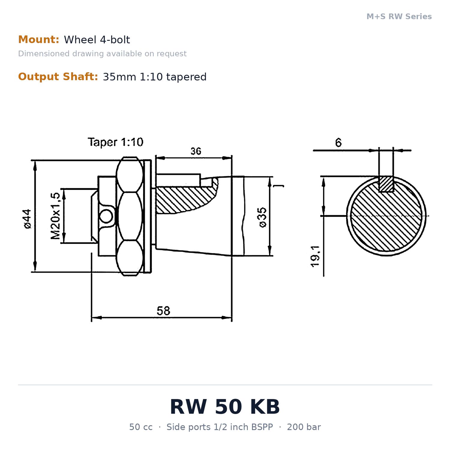 M+S RW Series Geroler Wheel Motor 50 to 400cc - Direct Wheel Mount, Motor Size / Displacement (CC's): 50 CC, Output Shaft: 35mm 1:10 taper - Standard (code KB), Shaft Seal: Standard shaft seal