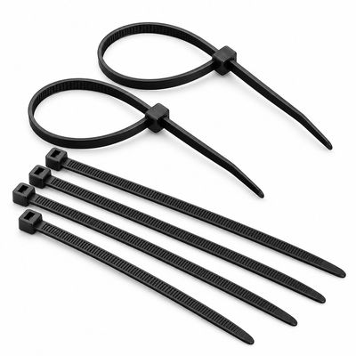 Black UV rated nylon cable ties, looped and straight, showing the ribbed strap and square locking head