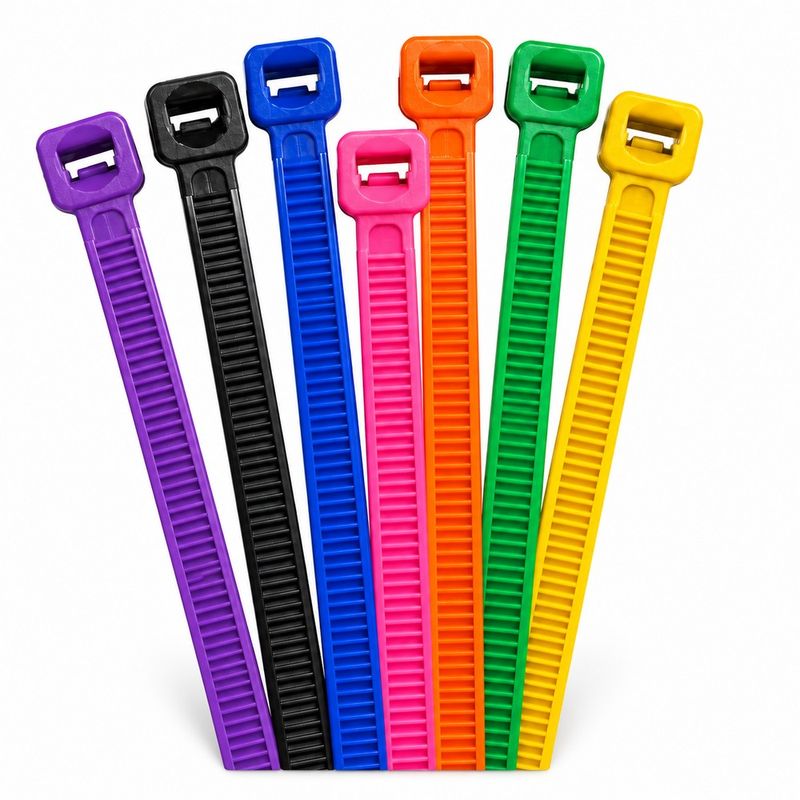 Coloured nylon cable ties in purple, black, blue, pink, orange, green and yellow