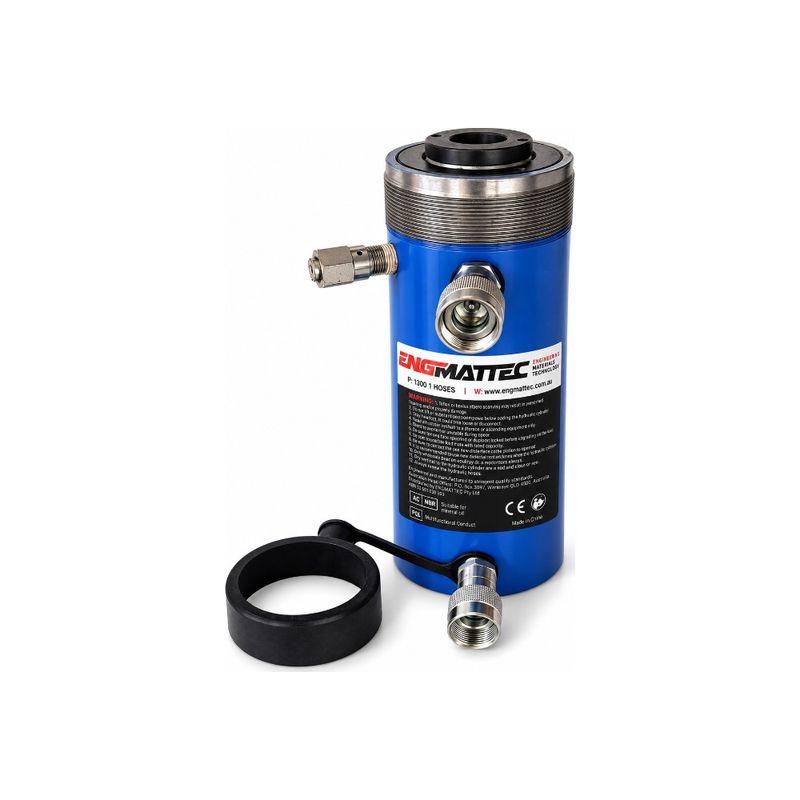 ENGMATTEC Double Acting Hollow Hydraulic Cylinder, 33T to 145T, 700 bar (10,000 psi) ENGMATTEC 33T double acting hollow hydraulic cylinder, 178mm stroke, 700 bar, blue