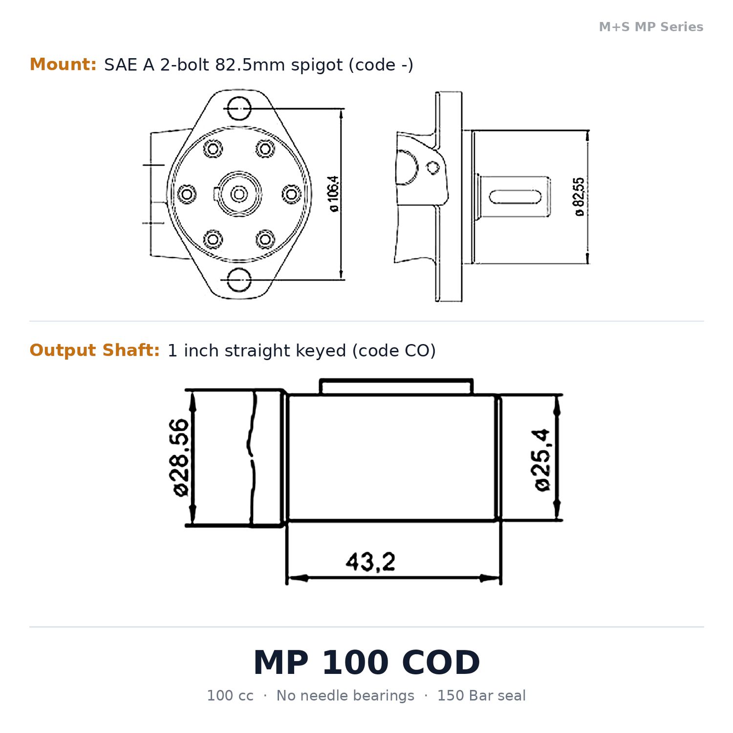 M+S MP Series Gerotor Hydraulic Motor — Replaces Danfoss OMP, Bosch MGP/GMP, Brevini BGE, White WP (155), Zhenjiang BMP - 25–630cc - Needle Bearings Standard Under 100cc, Motor Size / Displacement (CC's): 100CC, Mount: SAE A 2-bolt 82.5mm spigot (code -), Output Shaft: 1 inch straight keyed (code CO), Shaft Seal and Pressure Rating: 150 Bar (code D), Needle Bearings for Higher Radial Shaft Load: Not required