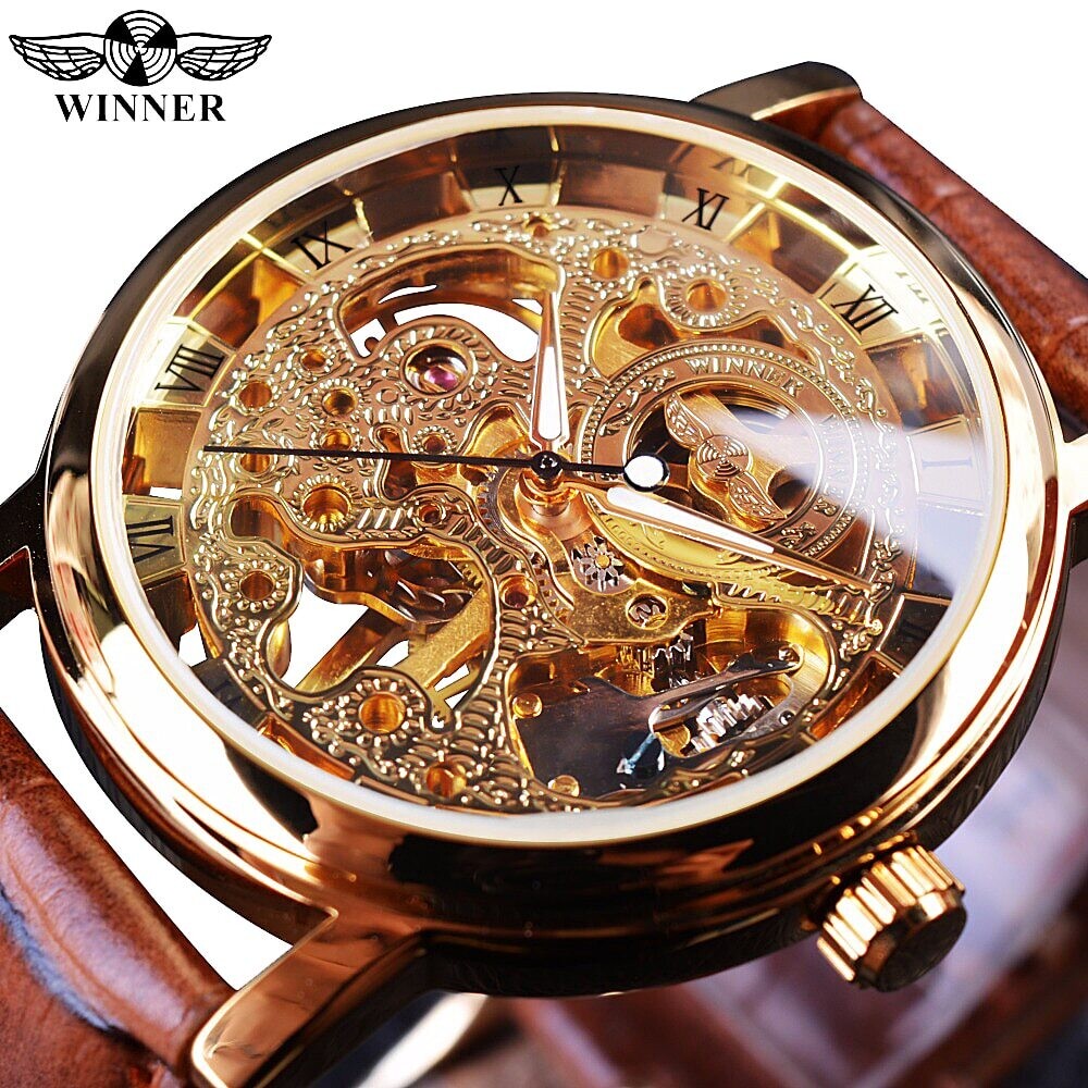 Brown Leather Strap Watch Luxury Transparent Case Casual Designer Top Brand Mechanical Skeleton