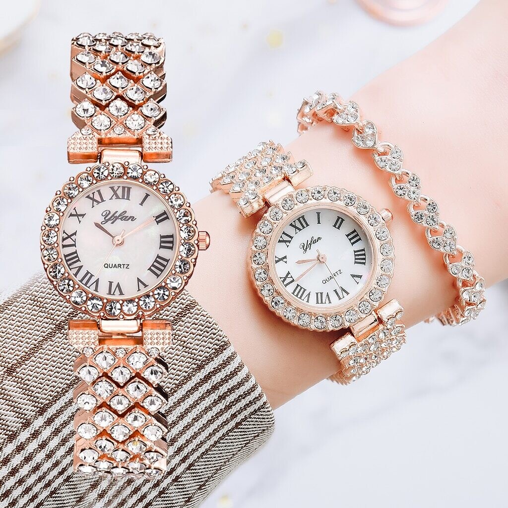 Luxury Rose Gold Women Watch 2pcs Fashion Quartz Diamond Diamond Elegant Bracelet Set Reloj Mujer