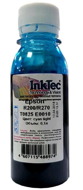 Чернила для Epson R200/R270/R290/T50/P50/L800, 0,1л, InkTec, cyan light.