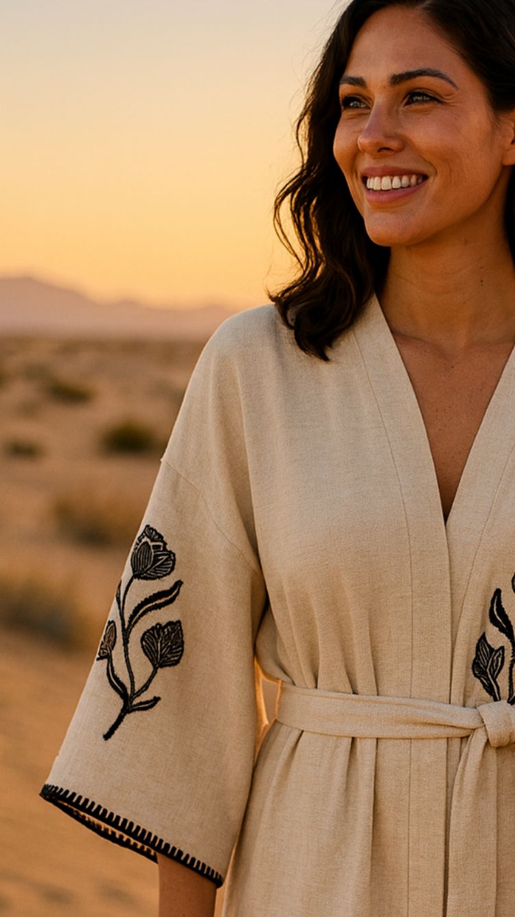 Mandalina Turkish Rose Cotton &amp; Linen Kimono Robe