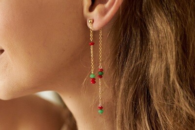 Gold-plated aventurine and coral chain earrings
