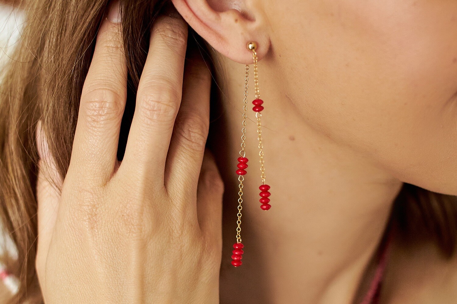 Gold-plated coral chain earrings