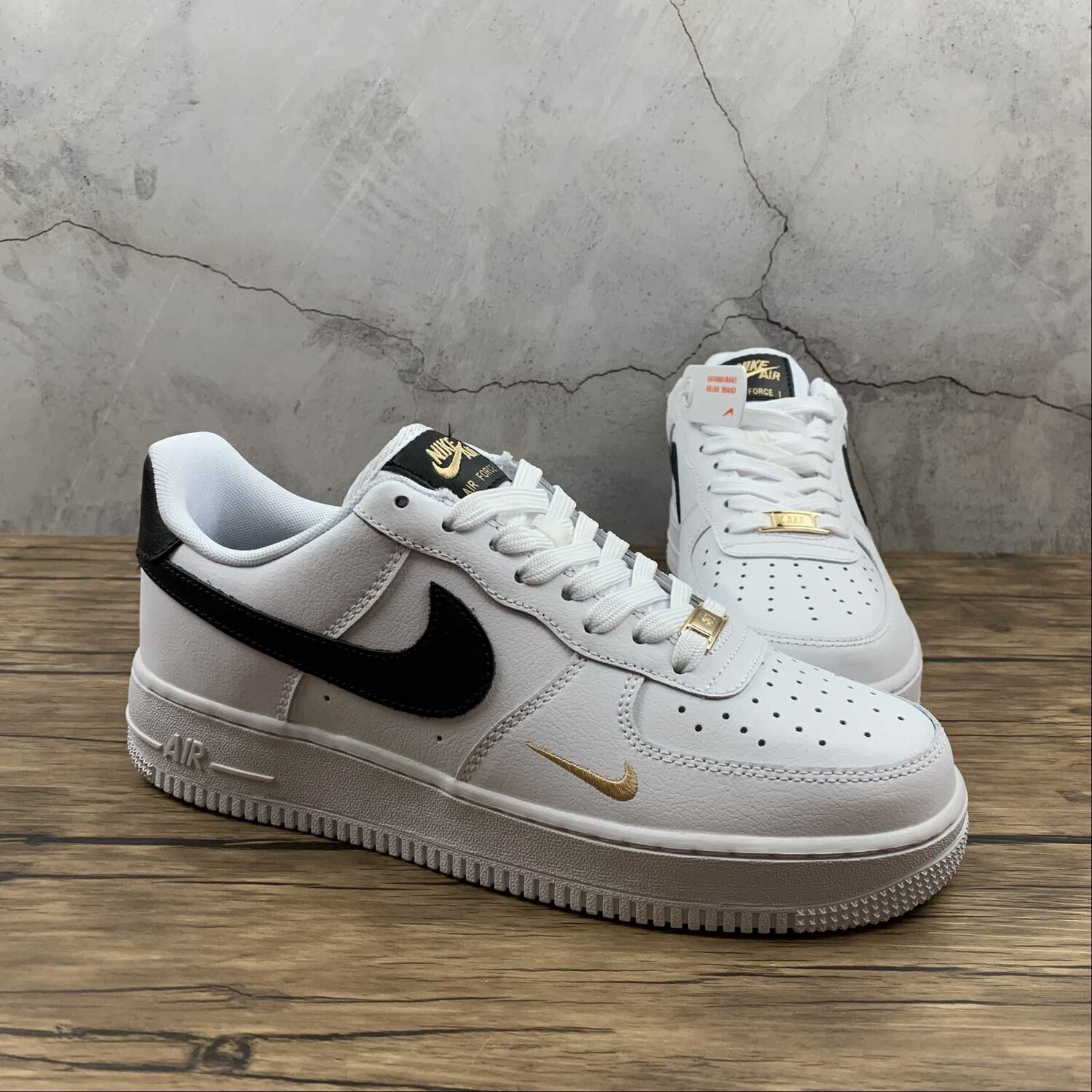 Nike Air Force white gold &amp; black swoosh