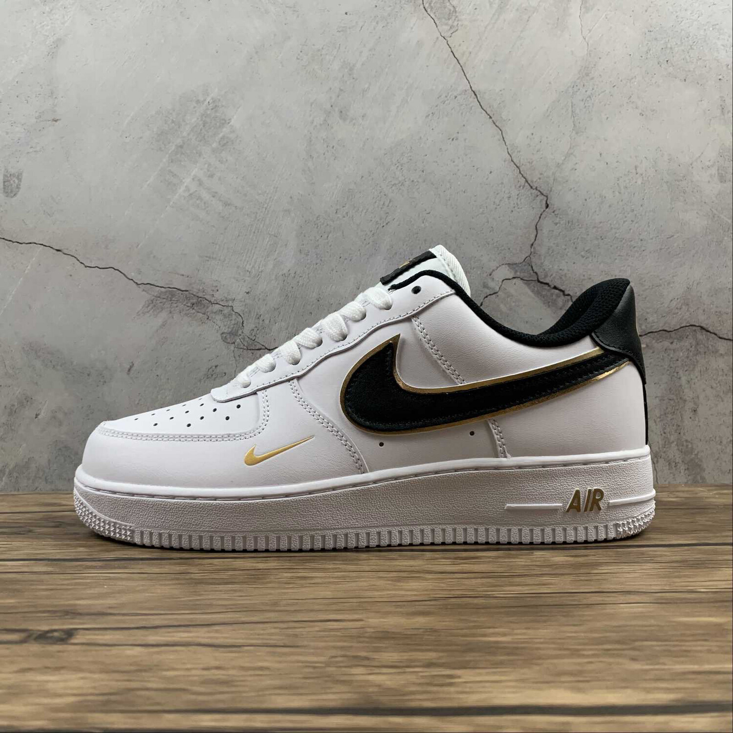 Nike Air Force white gold &amp; black swoosh