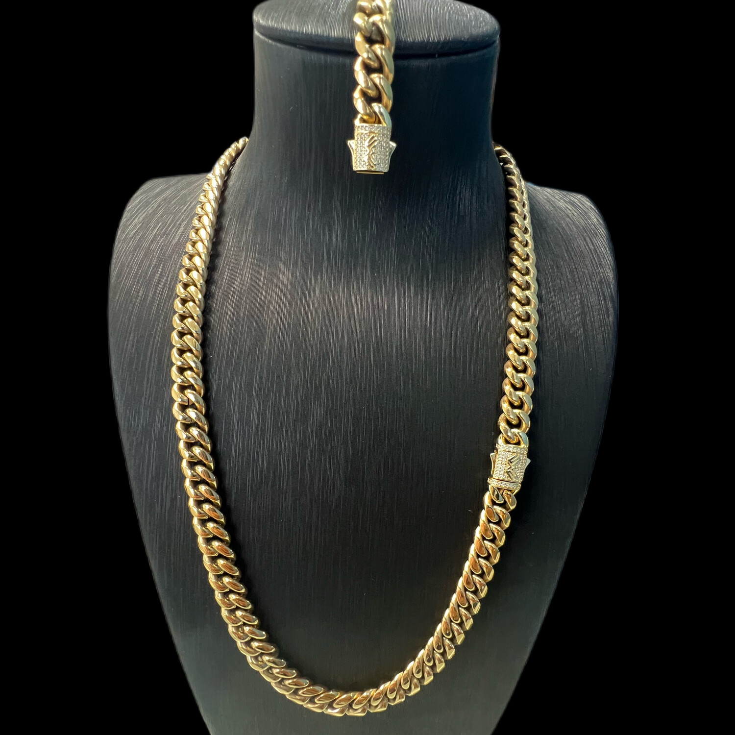 Cuban Chain &amp; Bracelet Stainless Steel Gold Plated 14K with Moissanite Lock Box