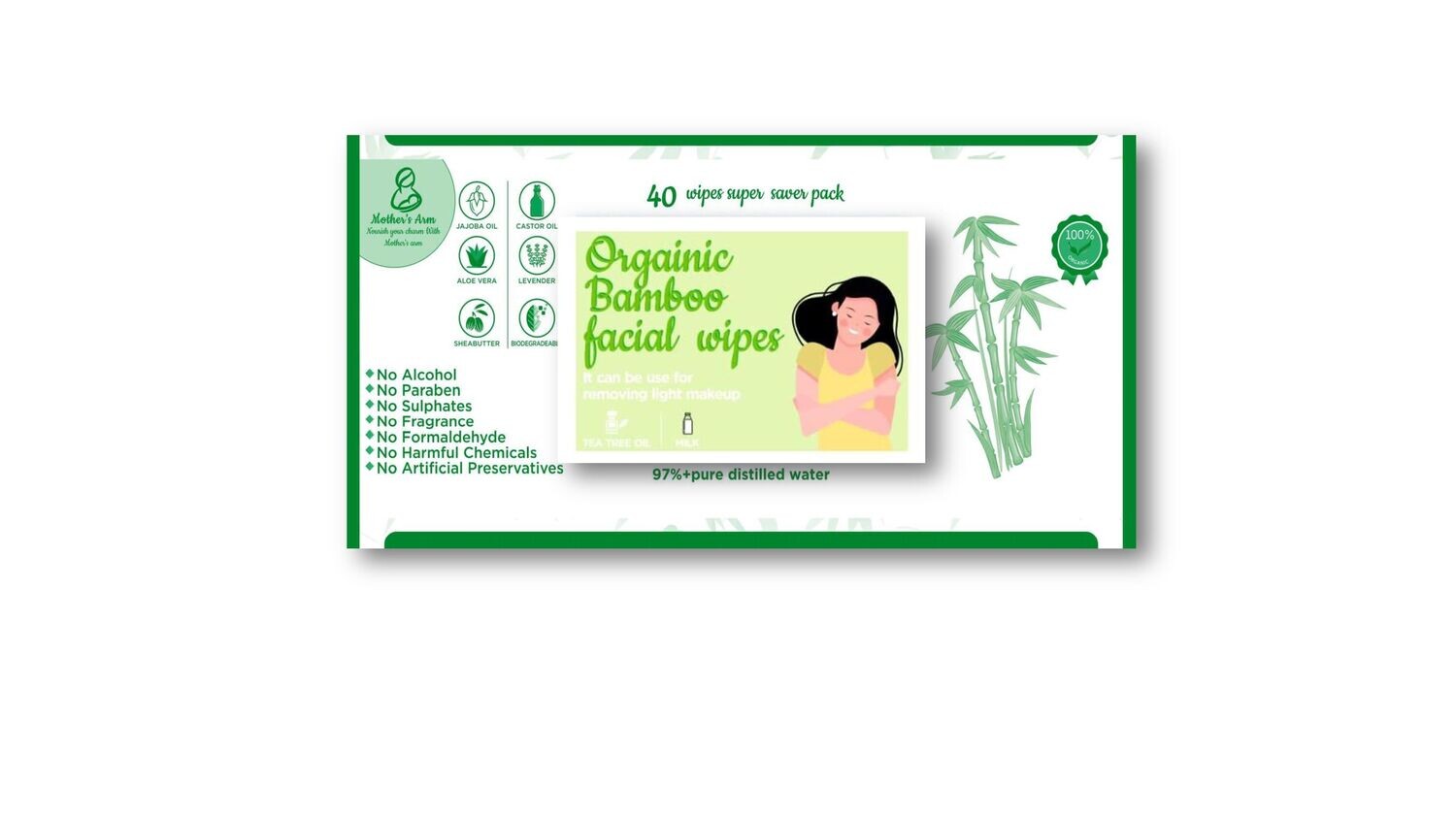 100%ORGANIC BAMBOO FACIAL WIPES -40 WET wipes -FROM THE STORE OF MOTHERS ARM