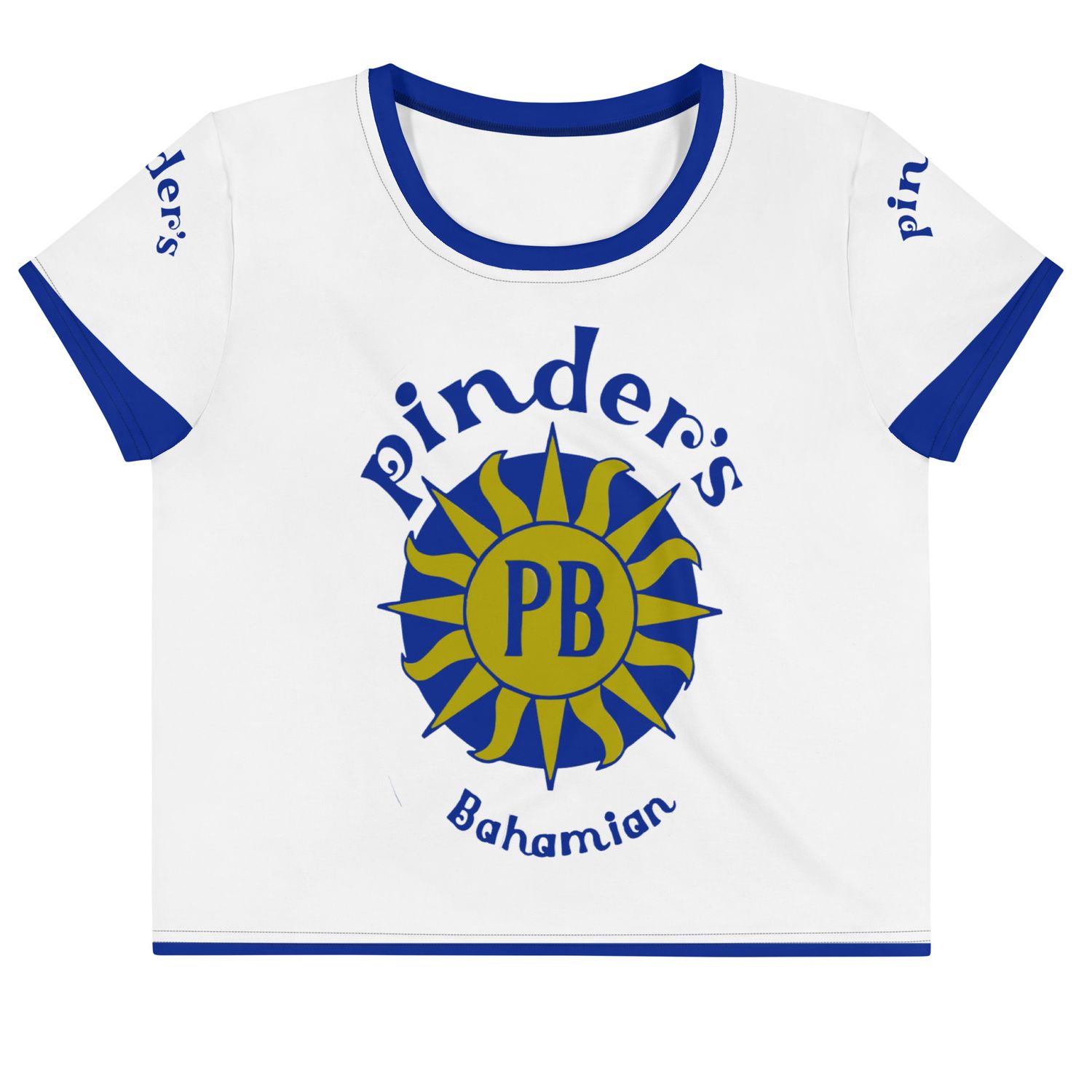 JLB Pinder&#39;s Beverages WHITE Blue Letter Ladies Crop Jersey