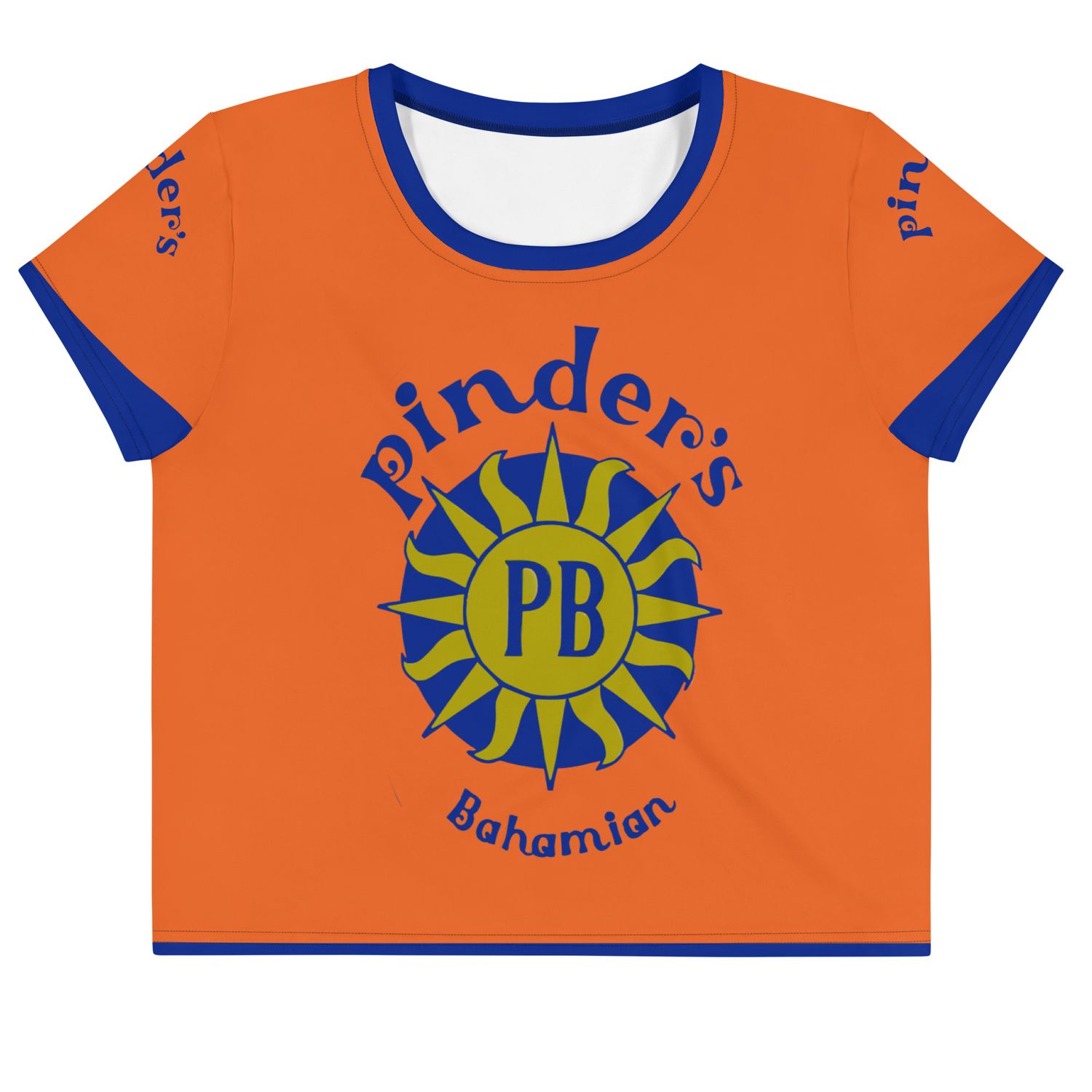 JLB Pinder&#39;s Beverages ORANGE Blue Letter Ladies Crop Jersey
