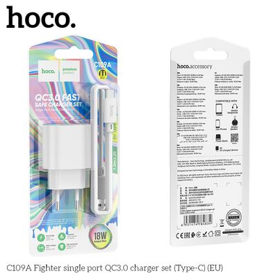 Chargeur HOCO Rapide C109A 18W QC3.0 avec câble de type C