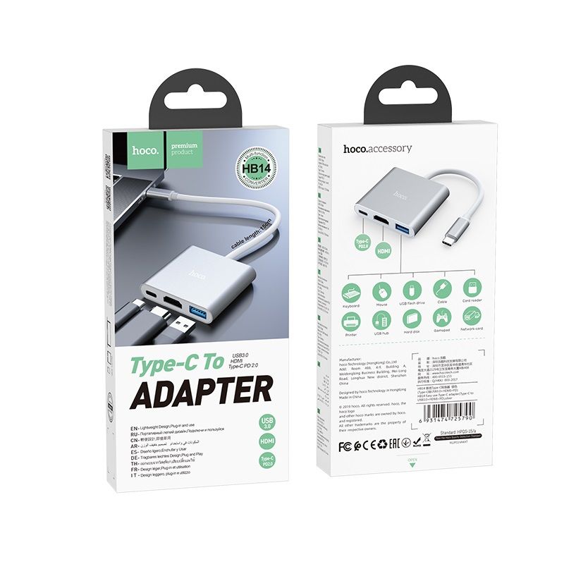 Hub HOCO de type C “HB14 Easy use” USB3.0+HDMI+PD