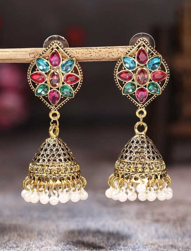 Bell Round Ball Tassel Drop Colorblock Stone Jhumka Earrings