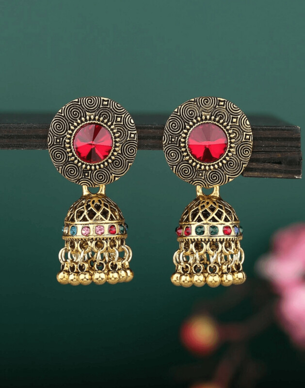 Tassel Textured Metal Drop Jhumka Earrings Stone Red