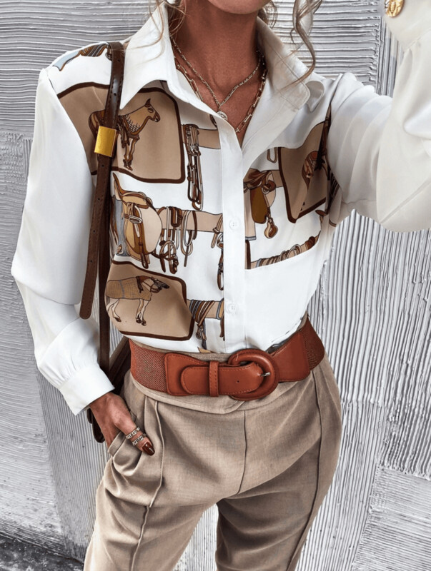 Button Front Horse Print Blouse White