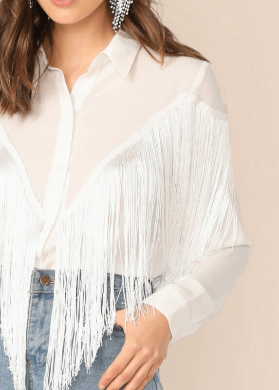 Chevron Fringe Trim White Shirt