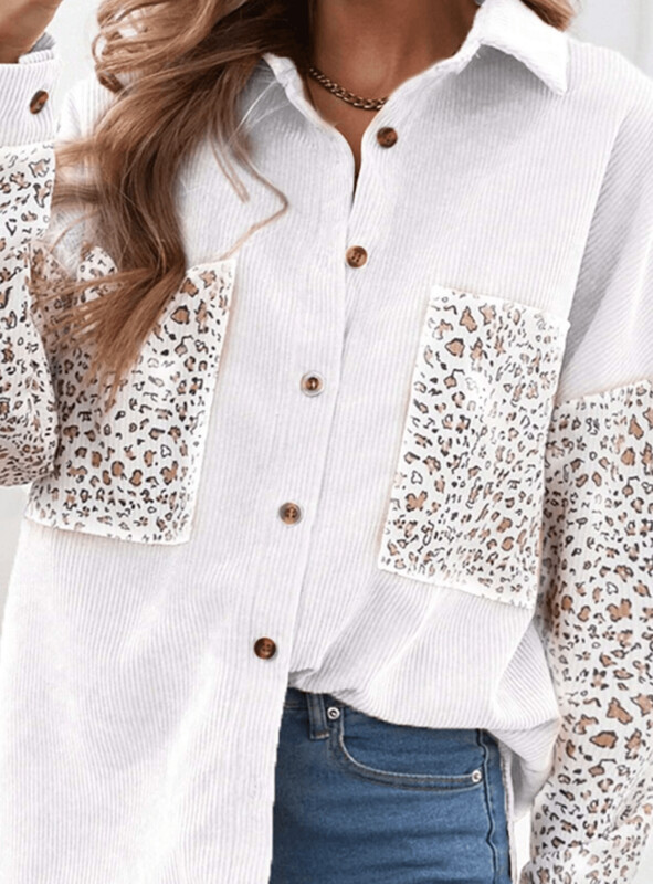 Leopard Patched Pocket Button Front Corduroy Blouse