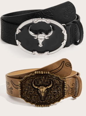 2pcs Western Cowboy Style Retro Buckle Pu Leather Belts, Suitable For Men And Women, With Jeans
