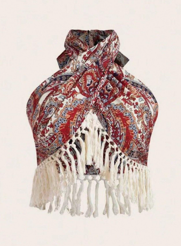 Paisley Print Fringe Trim Halter Top