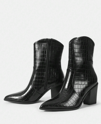 Women Crocodile Embossed Western Boots, Chunky Heeled Fashion Boots
