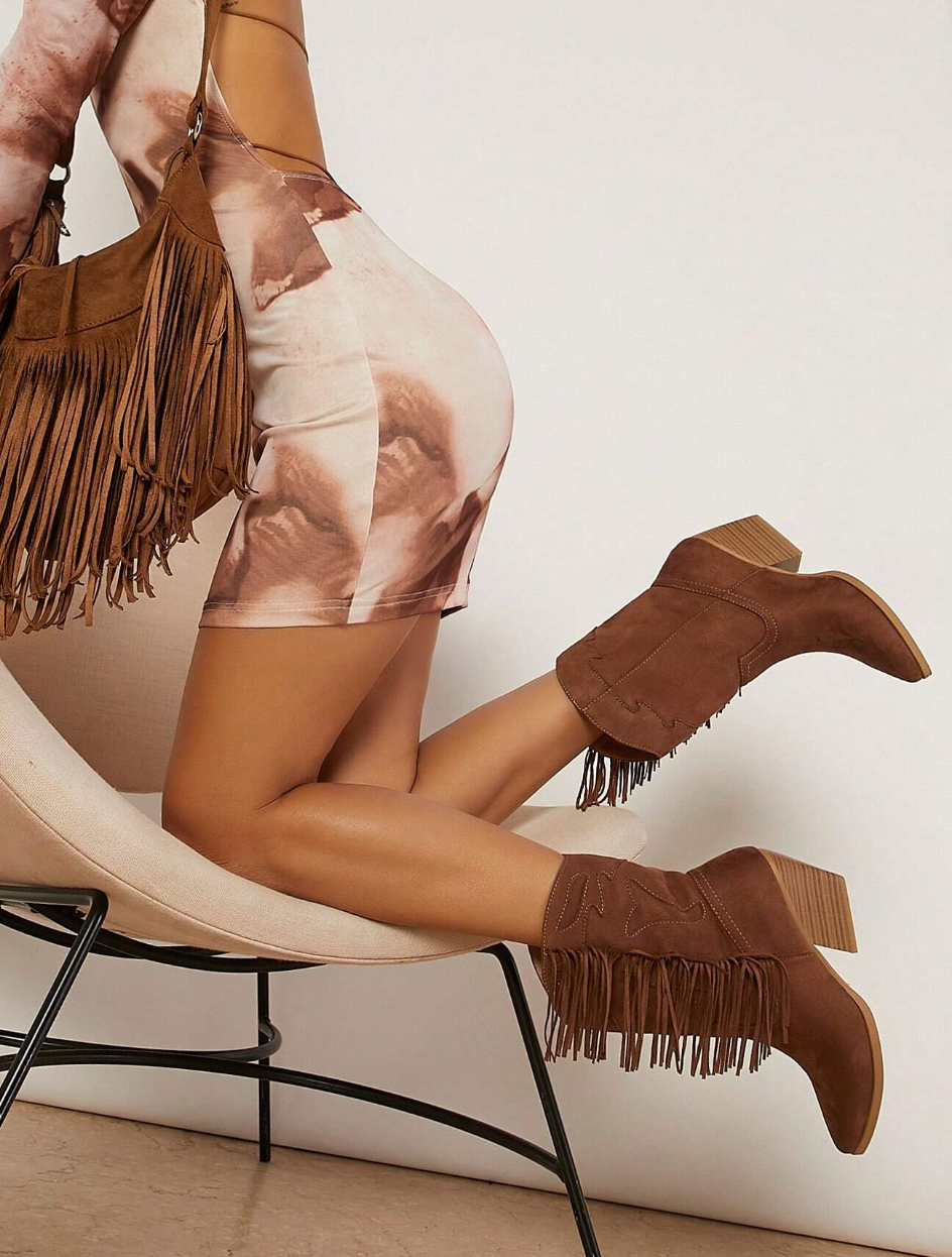 Fringe Decor Chunky Heeled Boots