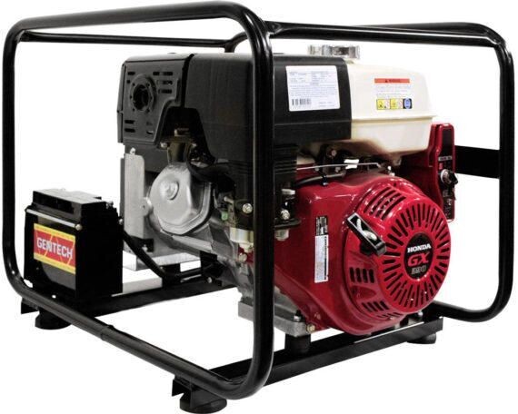 Gentech 8 kVA @ 0.8pF Honda GX390 electric start petrol powered AVR controlled generator 1-phase 50Hz 3000rpm in rollover frame.