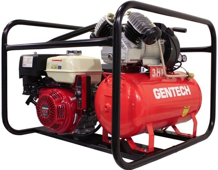 Gentech 7 kVA @ 0.8pF 1 phase 50Hz Honda GX390 3000rpm electric start petrol powered generator / 4-1 workstation 200amp weld current 60% duty cycle 14 CFM air 10amp DC charging in rollover frame