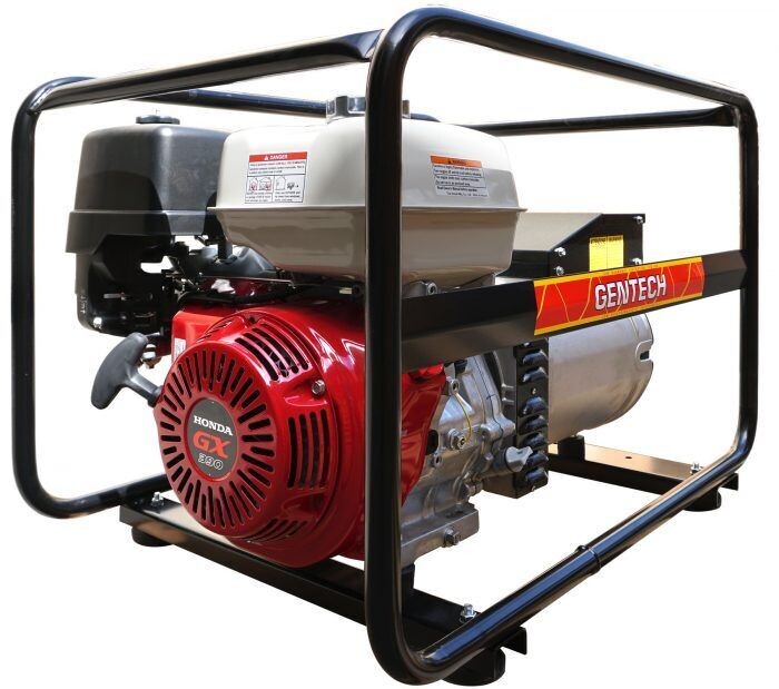 Gentech 8 kVA @ 0.8pF Honda GX390 petrol powered AVR controlled generator 1-phase 50Hz 3000rpm in rollover frame.