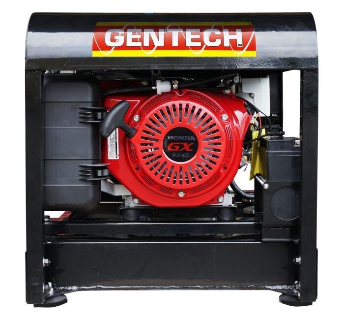 Gentech 8 kVA @ 0.8pF Honda GX390 electric / remote start petrol powered generator 1-phase 50Hz 3000rpm in rollover frame with long range fuel tank. Gentech 8 kVA @ 0.8pF Honda GX390 electric / remote start petrol powered generator 1-phase 50Hz 3000rpm in rollover frame with long range fuel tank.
