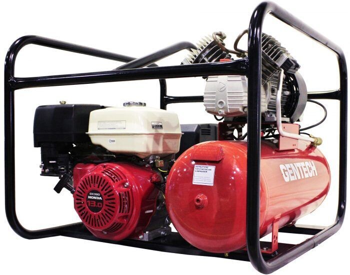 Gentech 7 kVA @ 0.8pF 1 phase 50Hz Honda GX390 3000rpm petrol powered generator / 4-1 workstation 200amp weld current 60% duty cycle 14 CFM air 10amp DC charging in rollover frame Gentech 7 kVA @ 0.8pF 1 phase 50Hz Honda GX390 3000rpm petrol powered generator / 4-1 workstation 200amp weld current 60% duty cycle 14 CFM air 10amp DC charging in rollover frame
