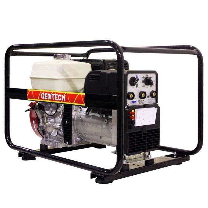 Gentech 7 kVA @ 0.8pF Honda GX390 electric start petrol powered welder / generator 200amp weld current 60% duty cycle 1-phase 50Hz 3000rpm in rollover frame Gentech 7 kVA @ 0.8pF Honda GX390 electric start petrol powered welder / generator 200amp weld current 60% duty cycle 1-phase 50Hz 3000rpm in rollover frame